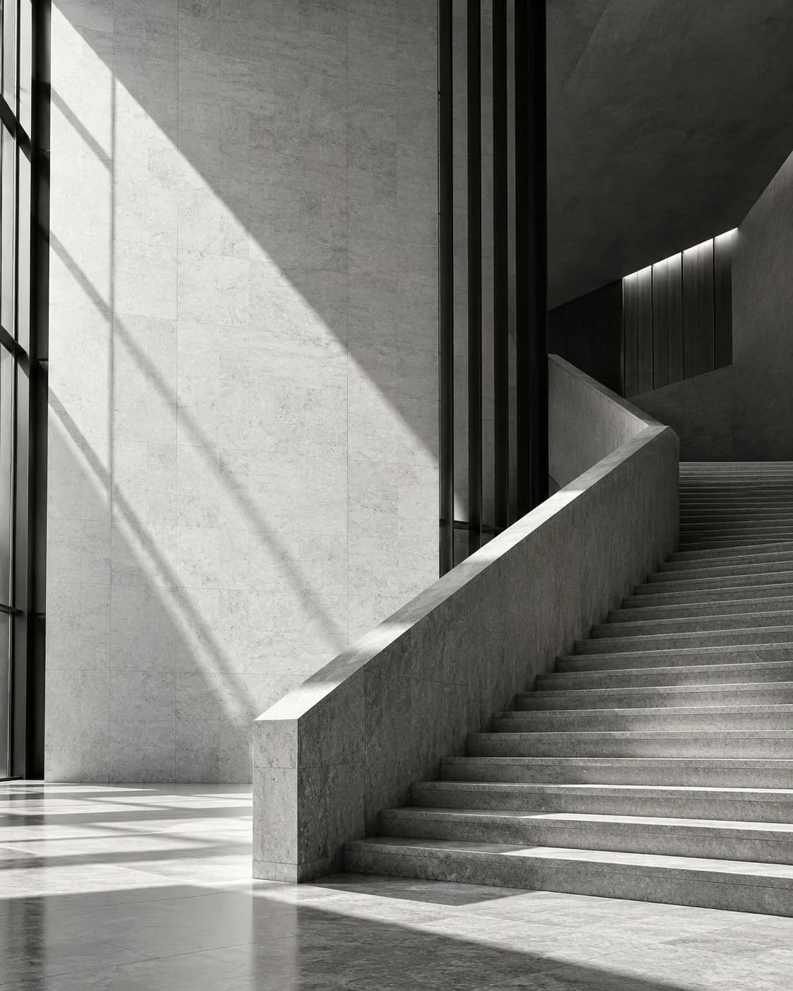 Conceptual limestone atrium with sculptural stairs