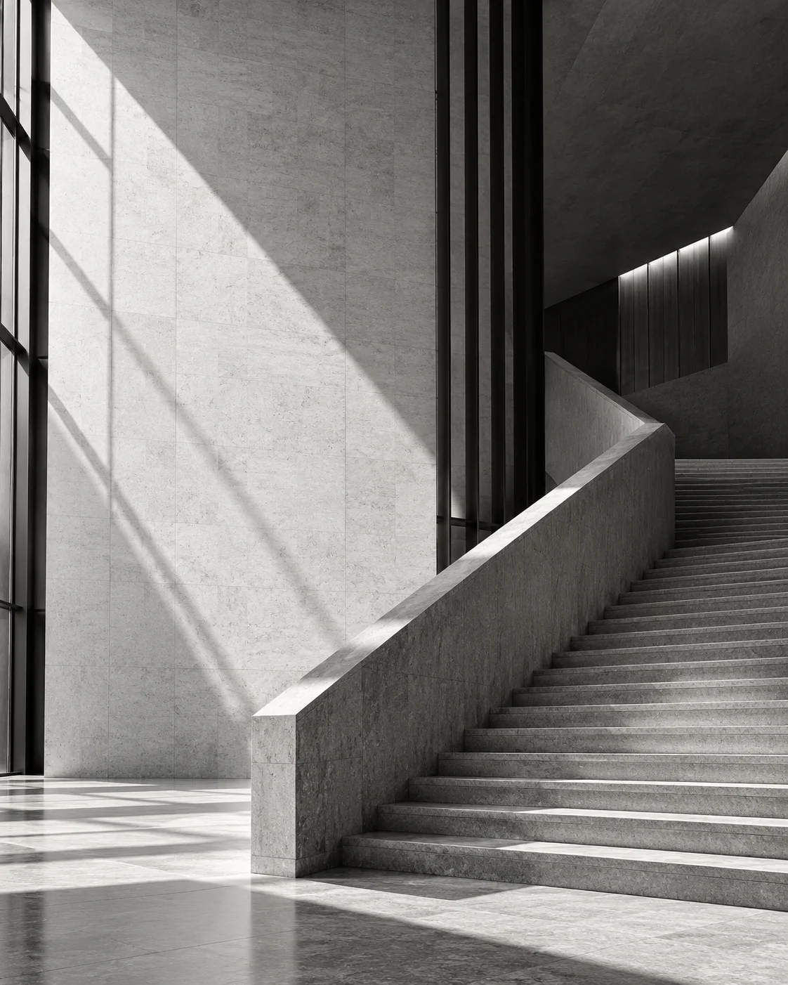 Conceptual architectural atrium with tall columns and natural light